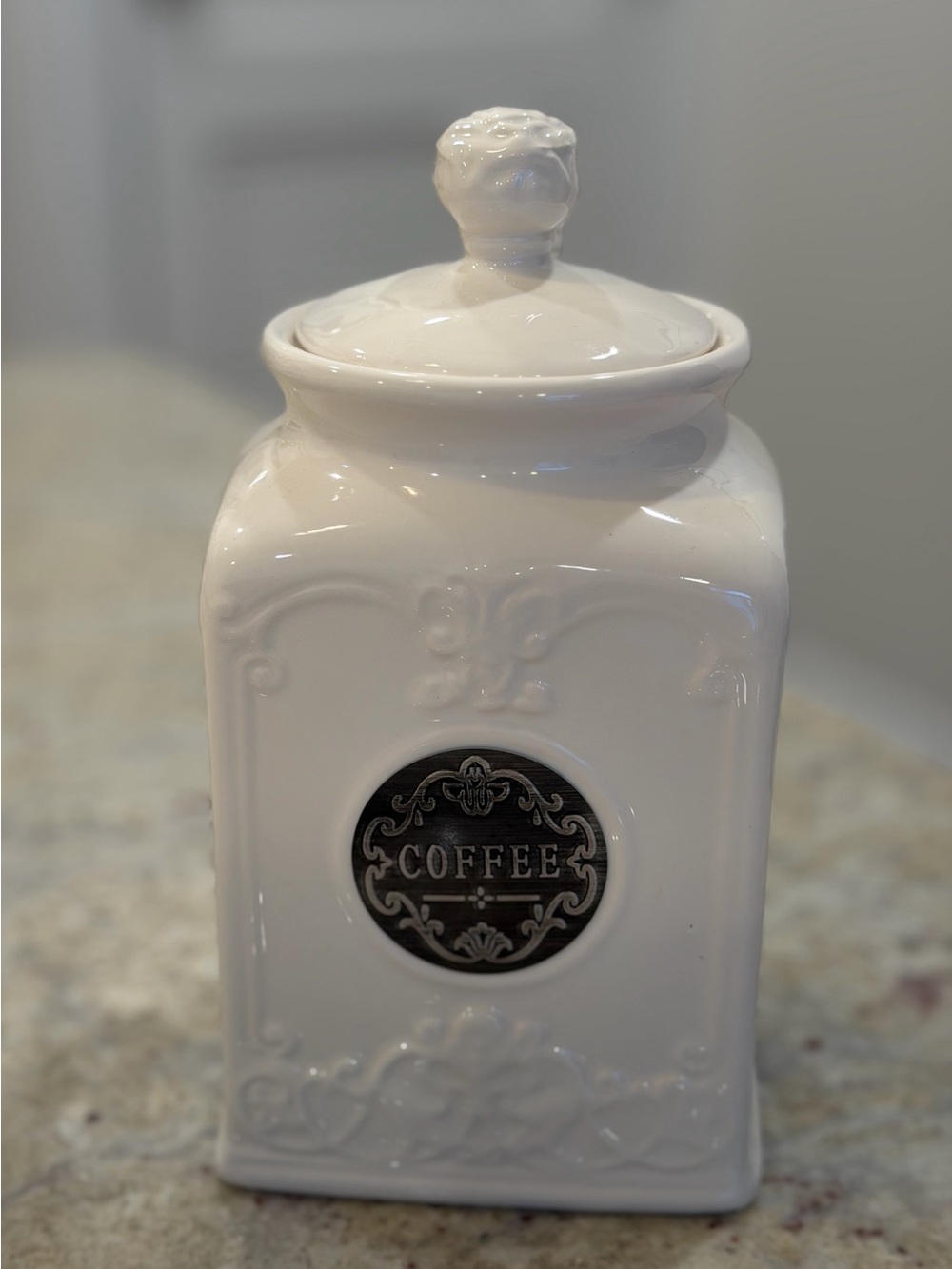 THL White Ceramic Coffee Canister with Lid Embossed Floral Kitchen Storage Jar